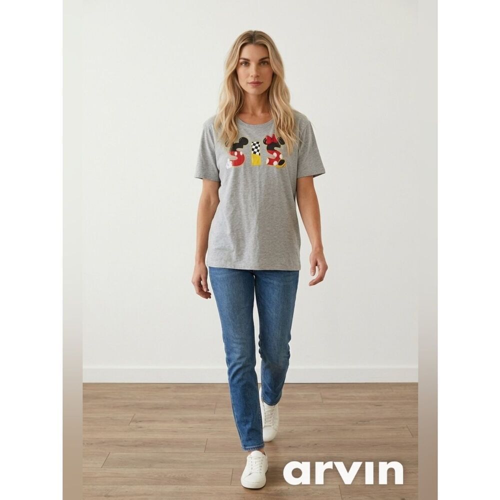 Disney Gray Tee with Mickey and Minnie Design